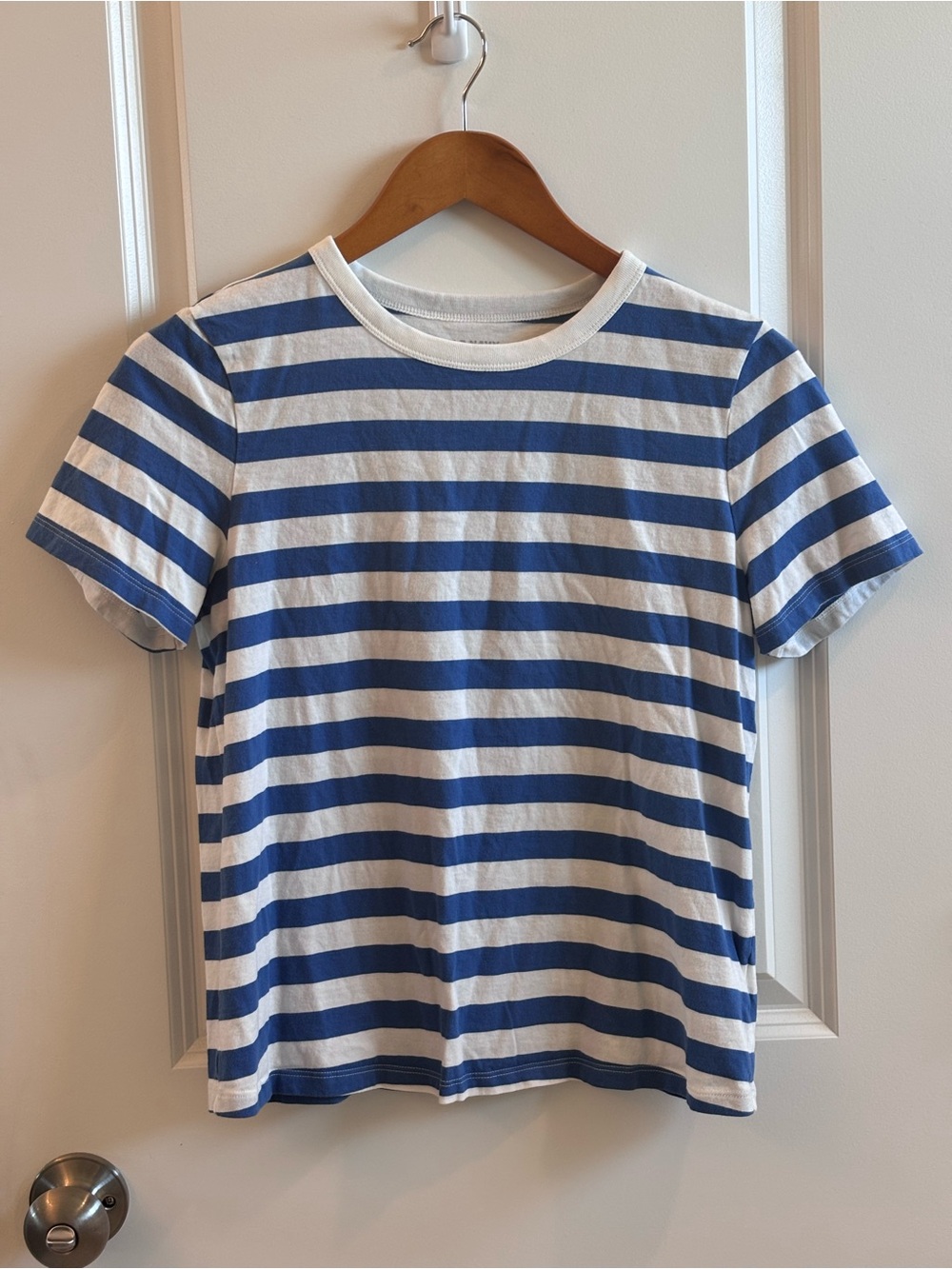 Old Navy Blue and White Striped Short Sleeve Boxy Tee